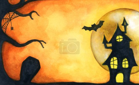 Téléchargez les photos : Aquarelle peinture de fond fantôme Halloween. Silhouette de maison. Résumé Contexte. - en image libre de droit