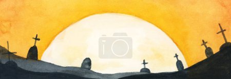 Téléchargez les photos : Aquarelle peinture de cimetière silhouette Halloween abstrait Fond. - en image libre de droit