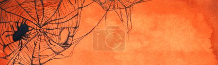 Téléchargez les photos : Aquarelle peinture de mur orange minable recouvert de toile d'araignée effrayant. Halloween thème lumineux copie espace arrière-plan. - en image libre de droit