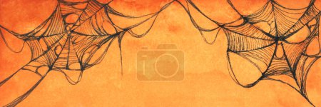 Téléchargez les photos : Aquarelle peinture de mur orange minable recouvert de toile d'araignée effrayant. Halloween thème lumineux copie espace arrière-plan. - en image libre de droit