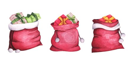 Téléchargez les photos : Illustration vectorielle de Set Full cadeau santa claus sac rouge. Elément décoratif de Noël. Illustration aquarelle. - en image libre de droit
