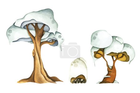 Téléchargez les photos : Illustration aquarelle de l'arbre enneigé d'hiver. - en image libre de droit