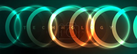 Téléchargez les illustrations : Néon cercles lumineux et lignes de forme rondes, concept de lumière de l'espace d'énergie magique, conception abstraite de fond d'écran - en licence libre de droit