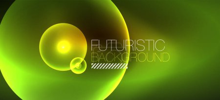Illustration for Shiny neon geometric abstract background. Glowing lights on round shapes, triangles and circles. Wallpaper for concept of AI technology, blockchain, communication, 5G, science, business - Royalty Free Image