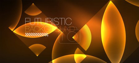 Illustration for Shiny neon geometric abstract background. Glowing lights on round shapes, triangles and circles. Wallpaper for concept of AI technology, blockchain, communication, 5G, science, business - Royalty Free Image