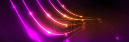 Téléchargez les illustrations : Lumières au néon brillantes, fond abstrait sombre avec des lignes courbes floues de lumière au néon magique - en licence libre de droit