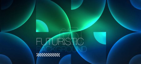 Illustration for Abstract background with neon glowing light effects. Round shapes, triangles and circles. Wallpaper for concept of AI technology, blockchain, communication, 5G, science, business and technology - Royalty Free Image