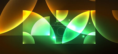 Ilustración de Fondo abstracto con efectos de luz brillante de neón. Formas redondas, triángulos y círculos. Fondos de pantalla para concepto de tecnología AI, blockchain, comunicación, 5G, ciencia, negocio y tecnología - Imagen libre de derechos