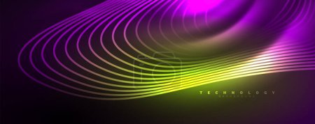 Ilustración de Líneas de onda de neón Techno, movimiento eléctrico dinámico, concepto de velocidad. Plantillas para papel pintado, banner, fondo, landing page, arte de la pared, invitación, impresiones - Imagen libre de derechos