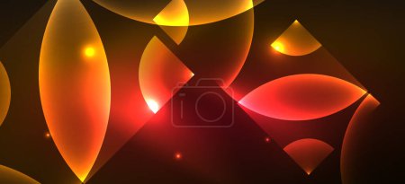 Téléchargez les illustrations : Lumineux néon géométrique fond abstrait. Lumières incandescentes sur les formes rondes, les triangles et les cercles. Fond d'écran pour le concept de technologie IA, blockchain, communication, 5G, science, entreprise - en licence libre de droit
