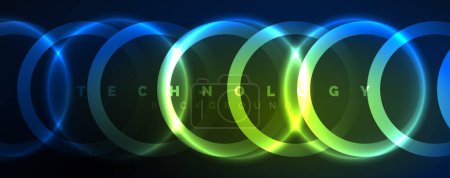 Illustration for Neon shiny circles abstract background, technology energy space light concept, abstract background wallpaper design - Royalty Free Image