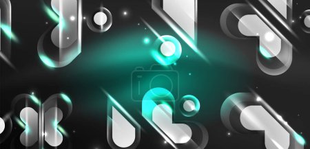 Illustration for Neon glowing geometric shapes vector abstract background. Round elements, light effects and glass glossy style with color backdrop. Space cosmic or magic energy wallpaper - Royalty Free Image
