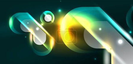 Ilustración de Neón brillante formas geométricas vector fondo abstracto. Elementos redondos, efectos de luz y estilo brillante de vidrio con fondo de color. Espacio cósmico o mágico fondo de pantalla de energía - Imagen libre de derechos