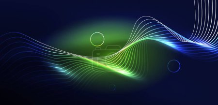 Illustration for Neon laser lines, circles waves abstract background. Neon light or laser show, electric impulse, power lines, techno quantum energy impulse, magic glowing dynamic lines - Royalty Free Image
