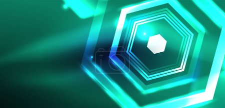 Illustration for Hexagon abstract background. Techno glowing neon hexagon shapes vector illustration for wallpaper, banner, background, landing page, wall art, invitation, prints, posters - Royalty Free Image