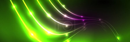Ilustración de Luces de neón brillantes, fondo abstracto oscuro con líneas curvas de luz de neón mágicas borrosas - Imagen libre de derechos