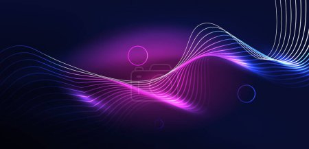 Neon-Laserlinien, Kreise Wellen abstrakten Hintergrund. Neonlicht oder Lasershow, elektrische Impulse, Hochspannungsleitungen, Techno-Quantenenergieimpulse, magisch glühende dynamische Linien