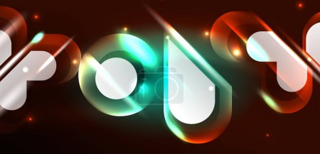 Ilustración de Neón brillante formas geométricas vector fondo abstracto. Elementos redondos, efectos de luz y estilo brillante de vidrio con fondo de color. Espacio cósmico o mágico fondo de pantalla de energía - Imagen libre de derechos