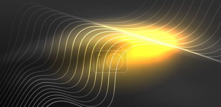 Ilustración de Brillante onda de neón brillante. Luz de neón o espectáculo láser, impulso eléctrico, líneas eléctricas, impulso de energía cuántica techno, líneas dinámicas brillantes mágicas - Imagen libre de derechos