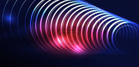 Illustration for Neon laser lines, circles waves abstract background. Neon light or laser show, electric impulse, power lines, techno quantum energy impulse, magic glowing dynamic lines - Royalty Free Image