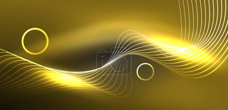 Ilustración de Líneas láser de neón, ondas círculos fondo abstracto. Luz de neón o espectáculo láser, impulso eléctrico, líneas eléctricas, impulso de energía cuántica techno, líneas dinámicas brillantes mágicas - Imagen libre de derechos