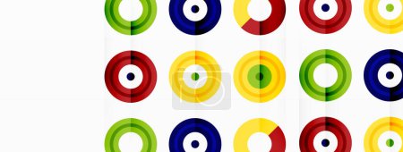 Téléchargez les illustrations : Fond accrocheur de cercles colorés de taille égale disposés en motif abstrait. Circle dispose d'un ton ou d'une teinte unique, créant un effet arc-en-ciel. Le design est optimiste et contemporain - en licence libre de droit