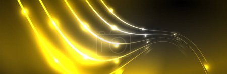 Téléchargez les illustrations : Lumières au néon brillantes, fond abstrait sombre avec des lignes courbes floues de lumière au néon magique - en licence libre de droit