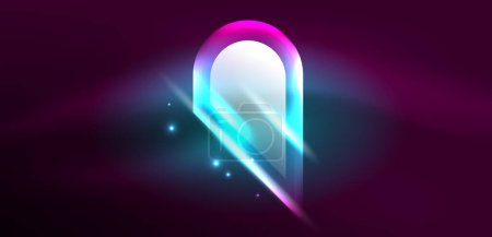 Illustration for Neon glowing geometric shapes vector abstract background. Round elements, light effects and glass glossy style with color backdrop. Space cosmic or magic energy wallpaper - Royalty Free Image