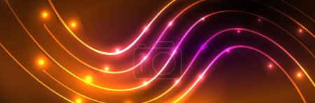 Ilustración de Luces de neón brillantes, fondo abstracto oscuro con líneas curvas de luz de neón mágicas borrosas - Imagen libre de derechos