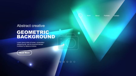 Abstract background landing page, glass geometric shapes with blue glowing neon light reflections, energy effect concept on glossy forms