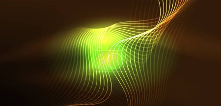 Illustration for Shiny glowing neon wave. Neon light or laser show, electric impulse, power lines, techno quantum energy impulse, magic glowing dynamic lines - Royalty Free Image