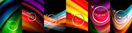 Illustration for Smooth blurred rainbow-style wave lines on a black background offers visually stunning experience. Flowing waves, with their gentle curves and vibrant colors, create a sense of harmony and movement - Royalty Free Image