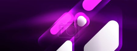 Illustration for Neon lines, squares and round shapes abstract background. Techno glowing neon hexagon shapes vector illustration for wallpaper, banner, background, landing page, wall art, invitation, prints, posters - Royalty Free Image