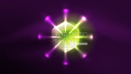 Ilustración de Hexagones de neón brillantes en el espacio oscuro. Tecnología digital ciberespacio alta tecnología techno abstracto fondo plantilla - Imagen libre de derechos