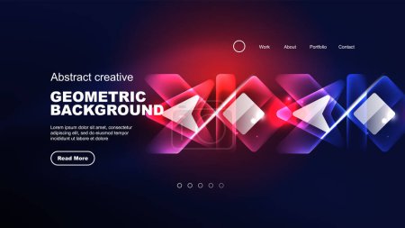 Illustration for Abstract background landing page, glass geometric shapes with blue glowing neon light reflections, energy effect concept on glossy forms - Royalty Free Image