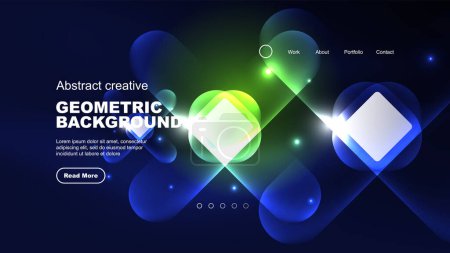 Illustration for Abstract background landing page, glass geometric shapes with blue glowing neon light reflections, energy effect concept on glossy forms - Royalty Free Image