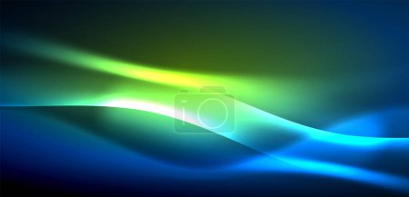 Illustration for Dynamic waves in ethereal glow of neon lights. Concept merges fluidity of motion with vibrant allure of neon, crafting entrancing backdrop that embodies both vitality and futuristic sophistication - Royalty Free Image