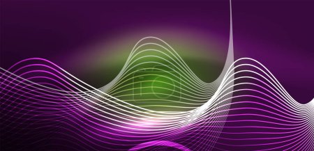 Illustration for Neon lines and waves abstract background. Techno glowing neon shapes vector illustration for wallpaper, banner, background, landing page, wall art, invitation, prints, posters - Royalty Free Image