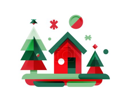 Téléchargez les illustrations : Arbres de Noël avec maison, concept de logo festif - en licence libre de droit