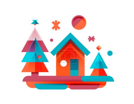 Téléchargez les illustrations : Arbres de Noël avec maison, concept de logo festif - en licence libre de droit