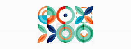 Ilustración de Fondo abstracto: círculos minimalistas y composición de elementos redondos con círculos de diferentes tamaños y otras formas geométricas. Los elementos están dispuestos simétricamente en forma de cuadrícula - Imagen libre de derechos