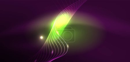 Ilustración de Brillante onda de neón brillante. Luz de neón o espectáculo láser, impulso eléctrico, líneas eléctricas, impulso de energía cuántica techno, líneas dinámicas brillantes mágicas - Imagen libre de derechos