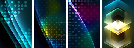 Illustration for Neon glittering glowing light geometric shapes posters. Vector illustration For Wallpaper, Banner, Background, Card, Book Illustration, landing page - Royalty Free Image