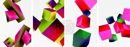 Téléchargez les illustrations : Flying 3D formes, cubes et autres éléments géométriques conception de fond pour papier peint, carte de visite, couverture, affiche, bannière, brochure, en-tête, site Web - en licence libre de droit