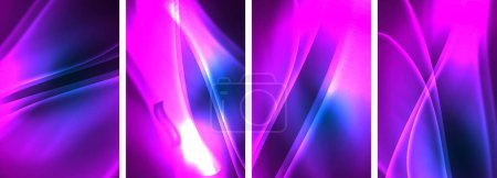 Illustration for Neon Lines Waves. Abstract Background Poster Collection. Captivating array of vibrant designs, pulsating with dynamic energy against a dark backdrop. Explore the mesmerizing allure of neon waves - Royalty Free Image