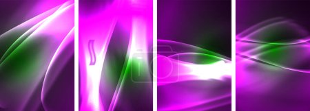 Illustration for Neon Lines Waves. Abstract Background Poster Collection. Captivating array of vibrant designs, pulsating with dynamic energy against a dark backdrop. Explore the mesmerizing allure of neon waves - Royalty Free Image