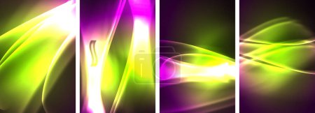 Ilustración de Neon Lines Waves. Abstract Background Poster Collection. Captivadora variedad de diseños vibrantes, pulsando con energía dinámica contra un telón de fondo oscuro. Explora el fascinante encanto de las olas de neón - Imagen libre de derechos