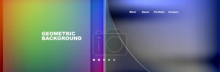 Illustration for The geometric background features a rainbow of colors, including purple, sky, violet, electric blue, magenta. Shapes like circles, rectangles create a display device with a horizon - Royalty Free Image