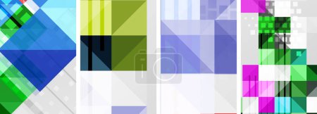Ilustración de Un collage colorido de cuatro cuadrados de diferentes colores, incluyendo azul, violeta, azul eléctrico y magenta, dispuestos en un patrón de rectángulos paralelos sobre un fondo blanco - Imagen libre de derechos