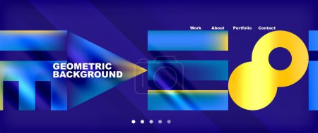 Ein Anzeigegerät, das ein multimediales Ereignis auf einem elektrischen blauen und gelben geometrischen Hintergrund mit einem gelben Kreis in der Mitte darstellt, umgeben von Rechtecken, Dreiecken und Gadgets in Magenta